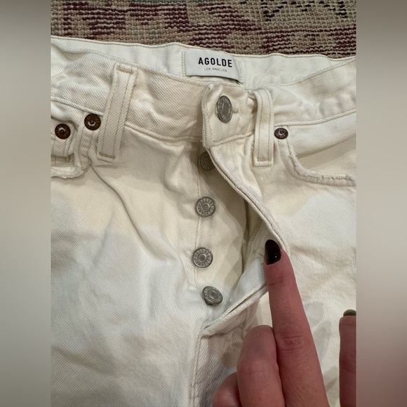 L1. Agolde White Denim Jean Shorts Parker Long Frayed Hem High Waist - Picture 4 of 8